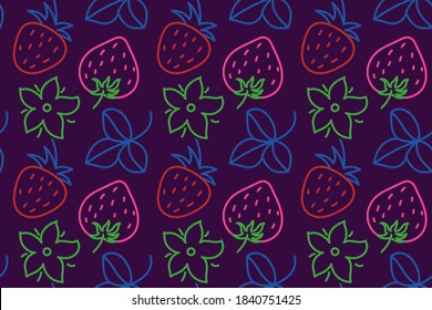 Doodle line strawberry and leaves. Seamless floral pattern. Vector leaf. Fashion dress print. Design for textile or clothes. Flowers sketch. Hand drawn outline repeating elements. Natural background