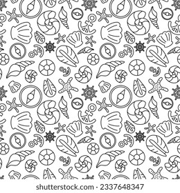 doodle line summer beach and marine concept seamless pattern on white background. vector abstract illustration. 