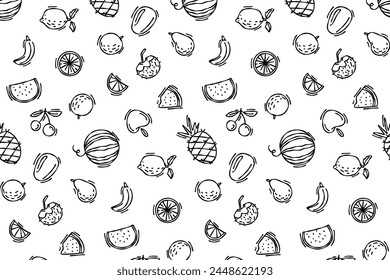 Doodle line summer seamless pattern with tropical fruits. Pattern for patter and textile design. Vector summer graphics, fresh fruits, vegan pattern. Exotic food doodle pattern.