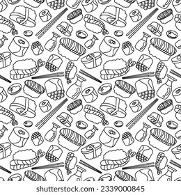 doodle line Sushi with chopsticks and Shoyu soy sauce concept seamless pattern on white background. vector abstract illustration.
