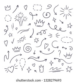 Doodle line swash. Emphasis text highlighters, hand drawn brush stroke, calligraphy underline. Vector hand drawn set