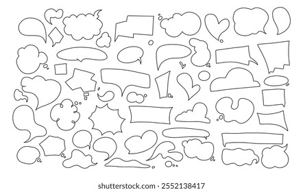 Doodle line text balloon. Speech bubble banners with empty talk, linear comic note design for banner message popup. Vector isolated set on white background