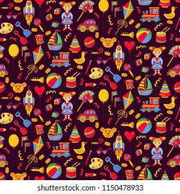 Doodle line toys icons colorful cartoon seamless vector pattern