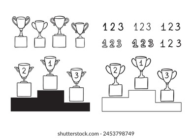 Doodle line trophy winner podium. Winners cups. Drawing icon. 1, 2, 3 place. Win hand drawn style. Vector illustration