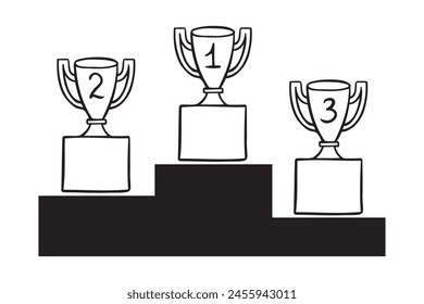 Doodle line trophy winner podium. Winners cups. Drawing icon. 1, 2, 3 place. Win hand drawn style. Vector illustration