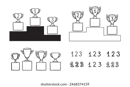 Doodle line trophy winner podium. Winners cups. Drawing icon. 1, 2, 3 place. Win hand drawn style. Vector illustration