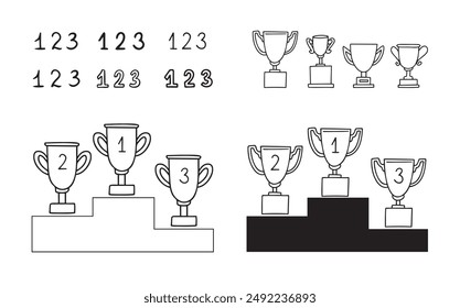 Doodle line trophy winner podium. Winners cups. Drawing icon. 1, 2, 3 place. Win hand drawn style. Vector illustration