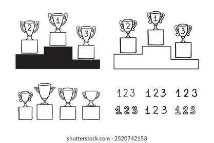 Troféu de linha de doodle pódio vencedor. Taças dos Vencedores. Ícone Desenho. 1, 2, 3 lugares. Ganhe o estilo desenhado à mão. Ilustração vetorial