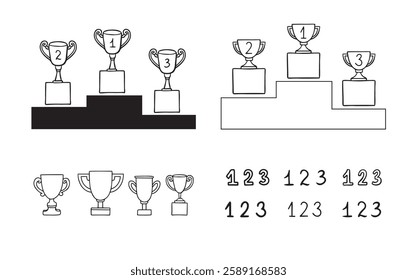 Doodle line trophy winner podium. Winners cups. Drawing icon. 1, 2, 3 place. Win hand drawn style. Vector illustration