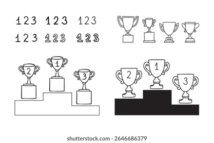 Troféu de linha de doodle pódio vencedor. Taças dos Vencedores. Ícone Desenho. 1, 2, 3 lugares. Ganhe o estilo desenhado à mão. Ilustração vetorial