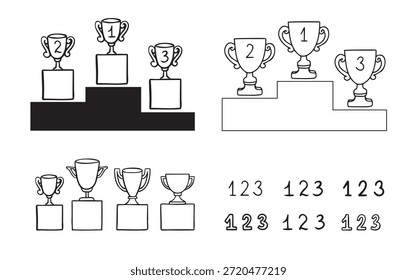 Podio ganador del trofeo de la línea Doodle. Las copas de los ganadores. Icono de dibujo. 1, 2, 3 lugar. Gana estilo dibujado a mano. Ilustración vectorial