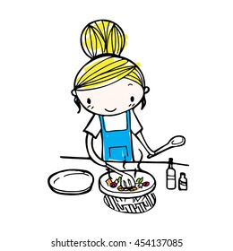 doodle line vector of cute cartoon girl cooking in the kitchen