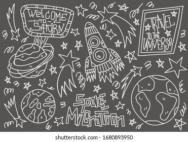 Doodle line vector isolated on dark background. Space migration concept. Planets - Earth, Saturn, rocket, stars and travel to the Universe lettering. Cosmos poster, banners, cards, textile, t-shirt