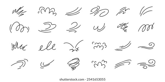 Doodle line wind moving set. Breath of the typhoon. Flat wind moves Vector isolated illustration. Vector illustration