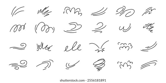 Doodle line wind moving set. Breath of the typhoon. Flat wind moves Vector isolated illustration. Vector illustration