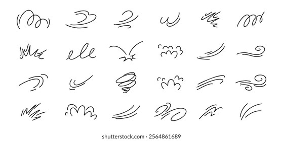 Doodle line wind moving set. Breath of the typhoon. Flat wind moves Vector isolated illustration. Vector illustration