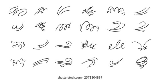 Doodle line wind moving set. Breath of the typhoon. Flat wind moves Vector isolated illustration. Vector illustration