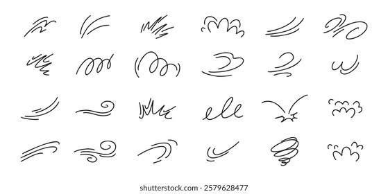 Doodle line wind moving set. Breath of the typhoon. Flat wind moves Vector isolated illustration. Vector illustration