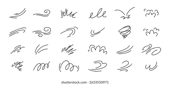 Conjunto de movimento do vento da linha Doodle. Respire o tufão. Vento plano move ilustração isolada do vetor. Ilustração vetorial