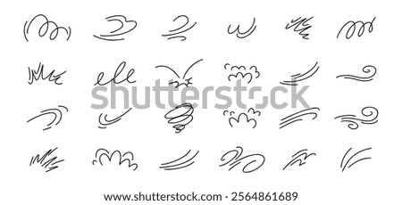 Doodle line wind moving set. Breath of the typhoon. Flat wind moves Vector isolated illustration. Vector illustration
