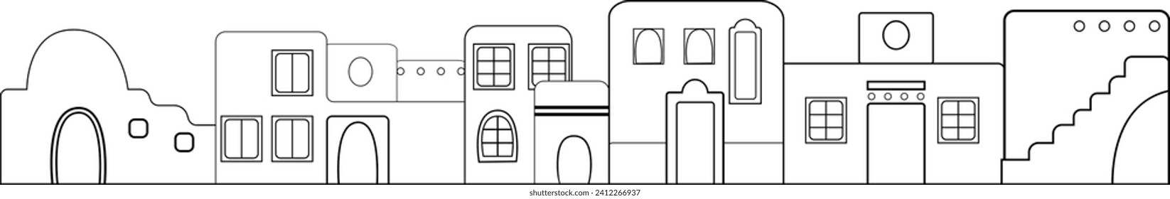 Doodle linear contour facades of  Mexican housing. Isolated decoration element 