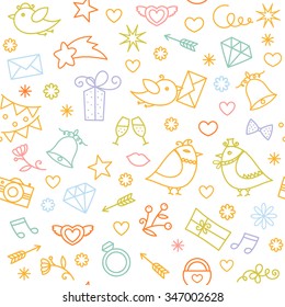 Doodle linear icons set. Vector seamless pattern for wedding, valentines day, engagement, baby birthday, celebration party, events. Romantic symbols - hearts, arrows, gift box, birds, flowers, stars. 