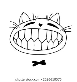 Doodle, linear sketch of a funny character of a smiling cat. Vector graphics.