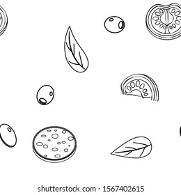 Doodle lineart drawn vector seamless pattern - with ingredients Sketch style. Vector isolated cards, posters, prints, menu, booklets