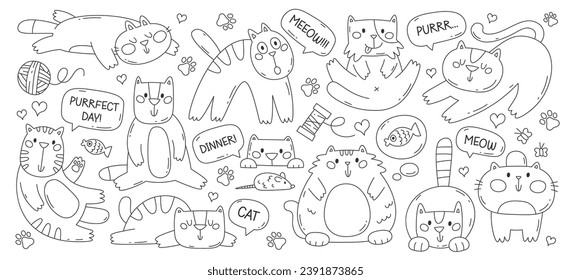 Doodle lined cute cats different poses, activities and comic impressive phrase vector illustration. Funny kawaii purebred pet animal sketch with favorite toys, paw traces isolated on white background