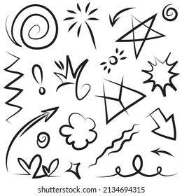 Líneas de doodle, Flechas, círculos y curvas vectoriales.elementos de diseño dibujados a mano aislados en fondo blanco para infografía. ilustración vectorial.