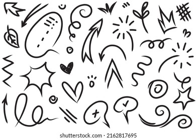 Doodle-Linien, Pfeile, Kreise und Kurven, Vektorgrafik.handgezeichnete Design-Elemente einzeln auf weißem Hintergrund für Infografiken. Vektorgrafik.