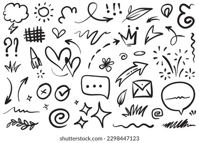 Líneas de doodle, Flechas, círculos y curvas vectoriales.elementos de diseño dibujados a mano aislados en fondo blanco para infografía. ilustración vectorial.