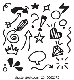 Doodle-Linien, Pfeile, Kreise und Kurven, Vektorgrafik.handgezeichnete Design-Elemente einzeln auf weißem Hintergrund für Infografiken. Vektorgrafik.

