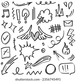 Líneas de doodle, Flechas, círculos y curvas vectoriales.elementos de diseño dibujados a mano aislados en fondo blanco para infografía. ilustración vectorial.
