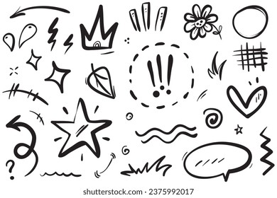 Doodle-Linien, Pfeile, Kreise und Kurven, Vektorgrafik.handgezeichnete Design-Elemente einzeln auf weißem Hintergrund für Infografiken. Vektorgrafik.