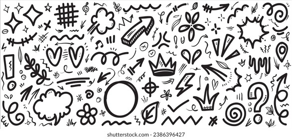 Líneas de doodle, Flechas, círculos y curvas vectoriales.elementos de diseño dibujados a mano aislados en fondo blanco para infografía. ilustración vectorial.