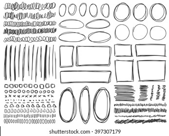 Doodle lines and curves vector. Set of simple doodle lines, curves, frames and spots. Pencil effect collection. Doodle borders. Set of simple doodles. Pencil effect sketch isolated on white.