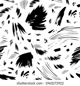 Doodle lines and dots vector seamless pattern. Hand drawn abstract brush strokes, funky drawing elements. Modern graphic design. Freehand textures, black and white ink background. Fashion 80-90s.