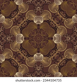 Doodle lines floral kaleidoscope symmetrical seamless pattern. Ornamental vector background. Line art lacy flowers, leaves branches ornaments. Repeat modern backdrop. Endless patterned lace texture.