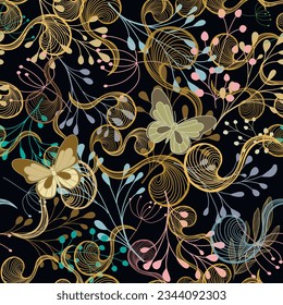 Doodle lines flowers leaves butterflies seamless pattern. Vector ornamental spring summer beautiful background. Hand drawn abstract doodle line art flowers, leaves, branches. Endless patterned texture