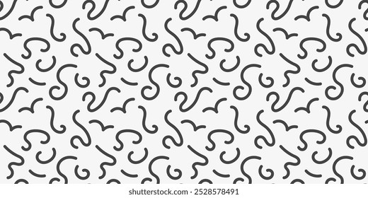 Doodle lines seamless pattern. Black white curve waves print. Vector illustration
