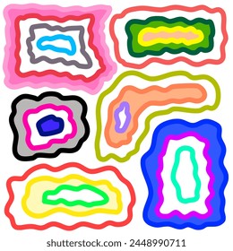 Líneas de garabatos, Formas cuadradas, colores brillantes.