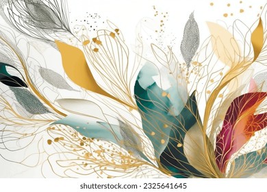 Doodle lines watercolor tropical exotic flowers pattern. Vector modern tropic panel background. Floral pattern. Trendy abstract arrangements with colorful tropical doodle lines plants, spray, leaves.