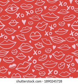 Doodle lips shapes background Valentine's Day kiss seamless pattern Linear woman mouth backdrop Romantic red pink feminine design. Vector illustration