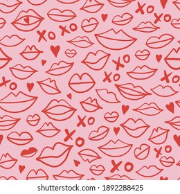Doodle lips shapes background Valentine's Day kiss seamless pattern Linear woman mouth backdrop Romantic red pink feminine design. Vector illustration