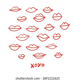 Los labios de doodle dan forma a un conjunto de imágenes prediseñadas de San Valentín Beso de Día de la Mujer Lineal ilustración bucal Romántico diseño femenino rojo. Ilustración del vector