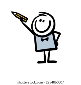 Doodle little boy draws a picture with a colored pencil and smiles. Vector illustration of the artist at work.