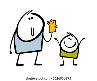 Doodle little boy is enjoying in a puppet theater, watching funny performance. Vector illustration of cute child and a cartoon father playing   game with  toy.