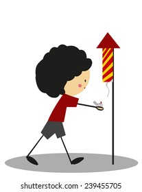 Doodle little boy playing firecrackers