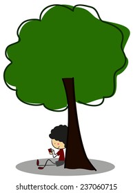 Doodle Little Boy read a book under tree